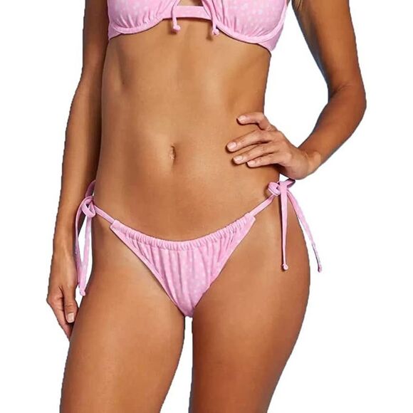 Target Xhilaration pink polka dot Shirred Side-Tie High Leg Scoop Bikini Bottom - Picture 1 of 7